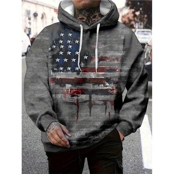 Gray Patriotic American Flag Hoodie Sweatshirt New With Tags - Picture 1 of 3